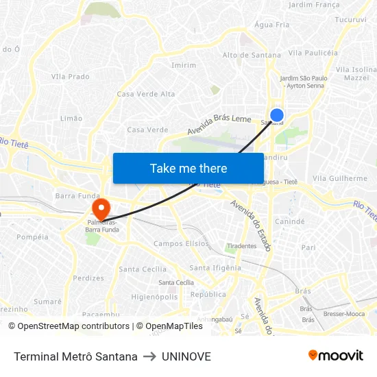 Terminal Metrô Santana to UNINOVE map
