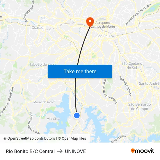 Rio Bonito B/C Central to UNINOVE map