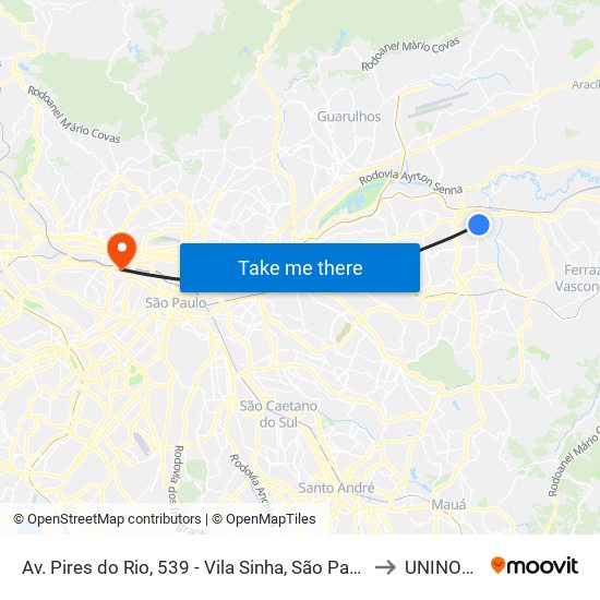 Av. Pires do Rio, 539 - Vila Sinha, São Paulo to UNINOVE map