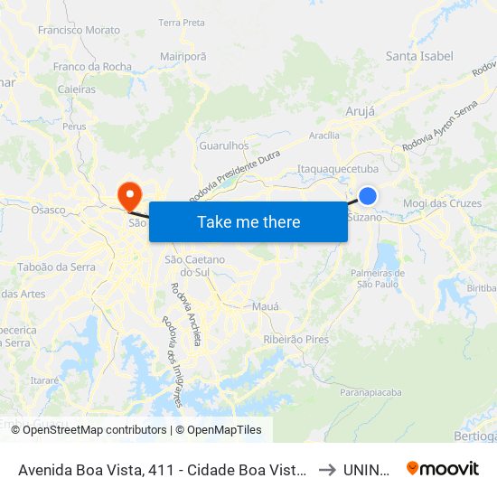 Av. Boa Vista, 270 - Cidade Boa Vista, Suzano to UNINOVE map