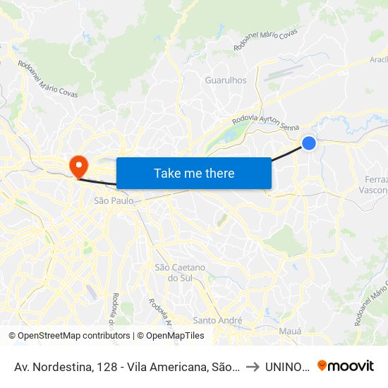 Av. Nordestina, 128 - Vila Americana, São Paulo to UNINOVE map