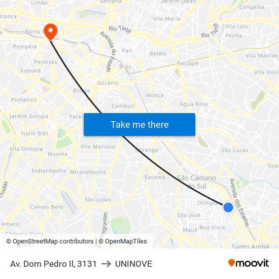 Av. Dom Pedro Il, 3131 to UNINOVE map