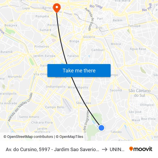 Av. do Cursino, 5997 - Jardim Sao Saverio, São Paulo to UNINOVE map