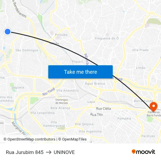 Rua Jurubim 845 to UNINOVE map