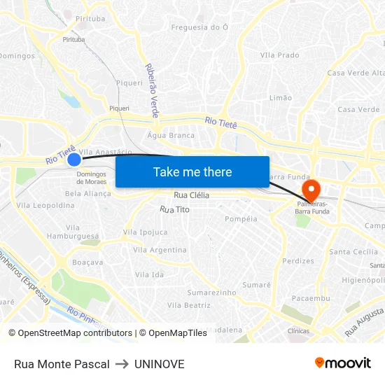 Rua Monte Pascal to UNINOVE map