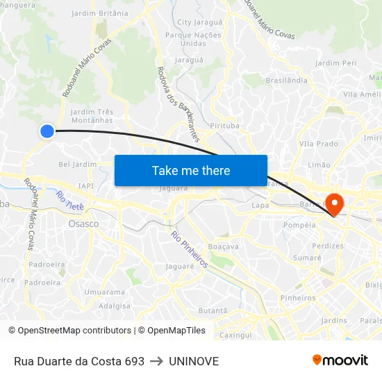 Rua Duarte da Costa 693 to UNINOVE map