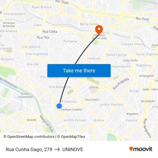 Rua Cunha Gago, 279 to UNINOVE map