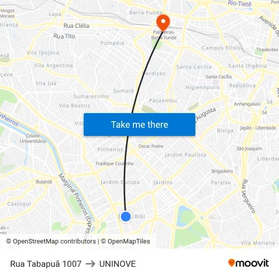 Rua Tabapuã 1007 to UNINOVE map