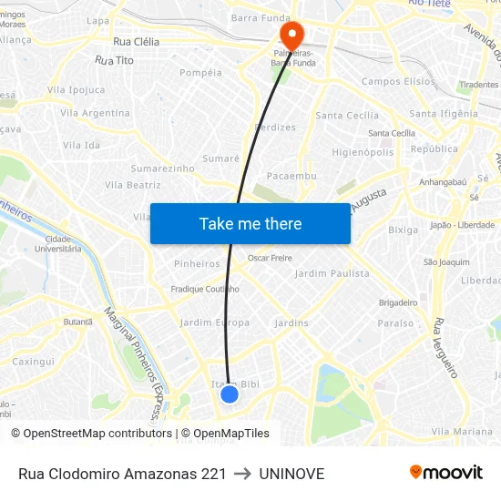 Rua Clodomiro Amazonas 221 to UNINOVE map