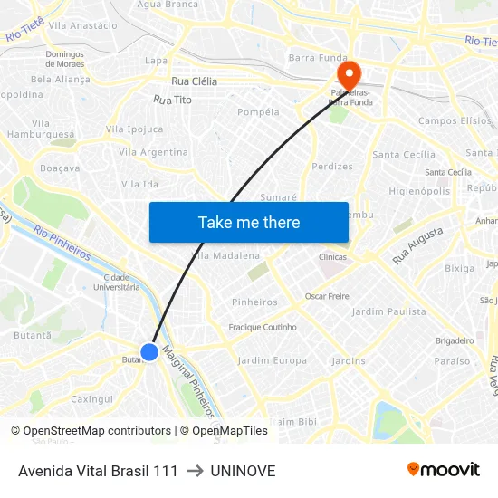Avenida Vital Brasil 111 to UNINOVE map