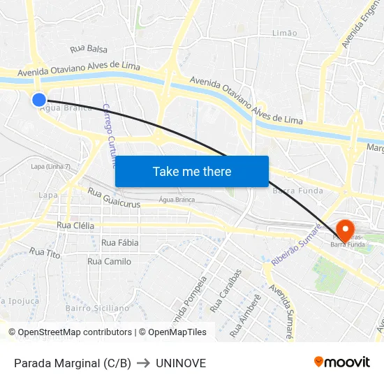 Parada Marginal (C/B) to UNINOVE map