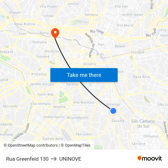 Rua Greenfeld 130 to UNINOVE map