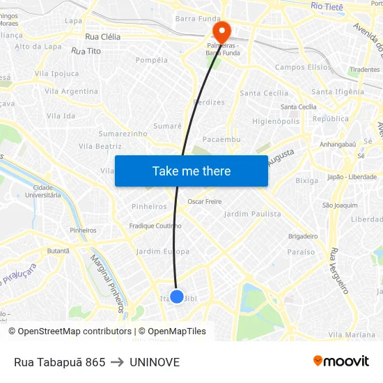 Rua Tabapuã 865 to UNINOVE map