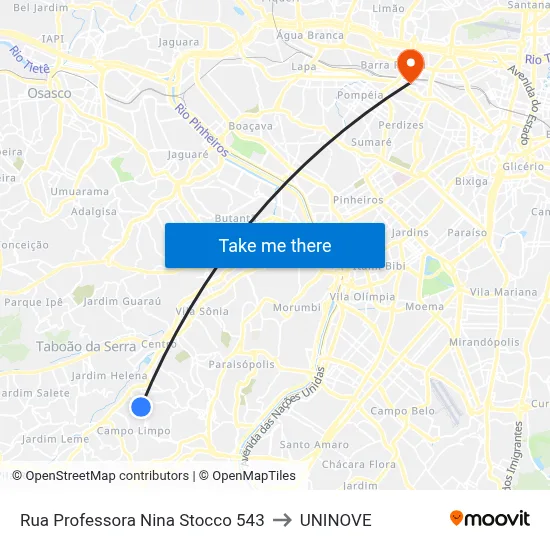 Rua Professora Nina Stocco 543 to UNINOVE map