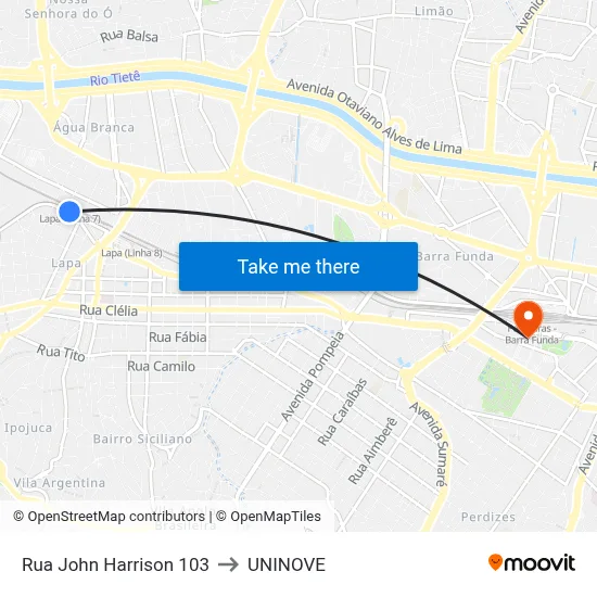 Rua John Harrison 103 to UNINOVE map