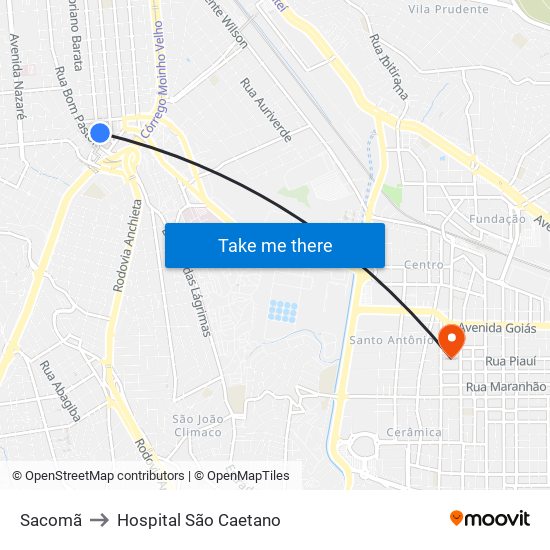 Sacomã to Hospital São Caetano map