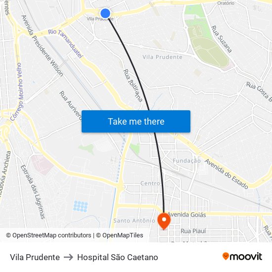 Vila Prudente to Hospital São Caetano map