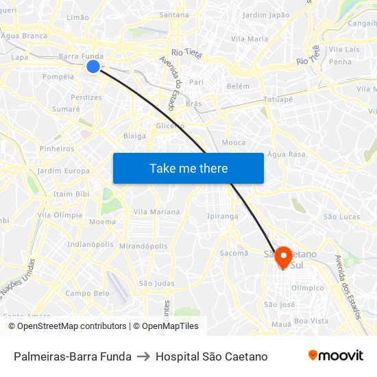 Palmeiras-Barra Funda to Hospital São Caetano map