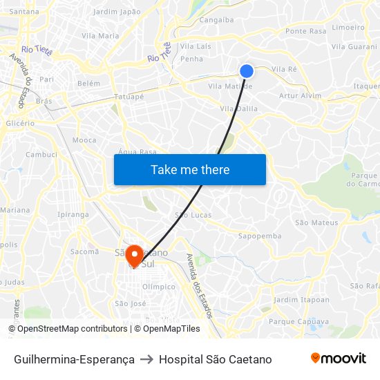 Guilhermina-Esperança to Hospital São Caetano map