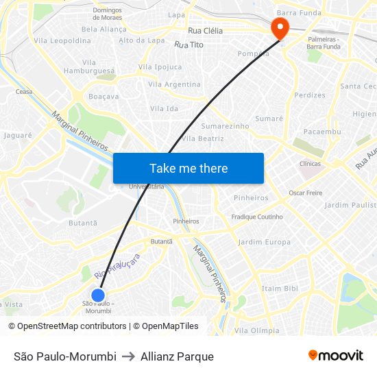 São Paulo-Morumbi to Allianz Parque map