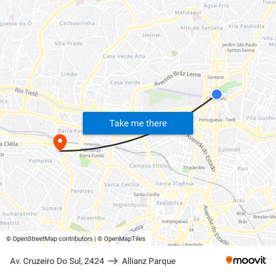 Av. Cruzeiro Do Sul, 2424 to Allianz Parque map