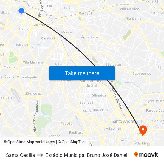 Santa Cecília to Estádio Municipal Bruno José Daniel map