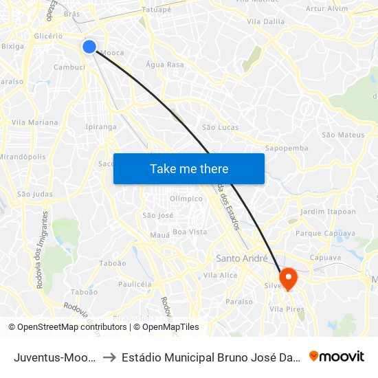 Juventus-Mooca to Estádio Municipal Bruno José Daniel map