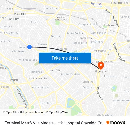 Terminal Metrô Vila Madalena to Hospital Oswaldo Cruz map