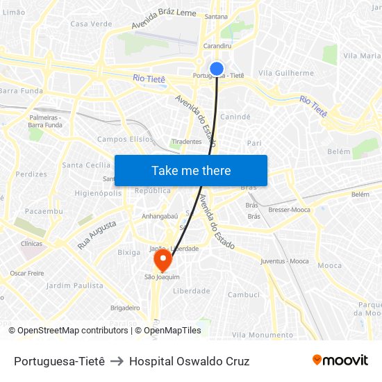 Portuguesa-Tietê to Hospital Oswaldo Cruz map