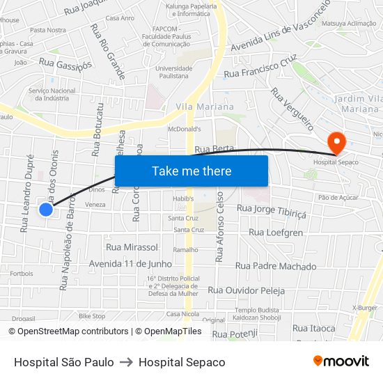 Hospital São Paulo to Hospital Sepaco map