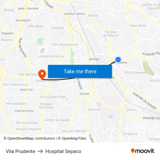 Vila Prudente to Hospital Sepaco map