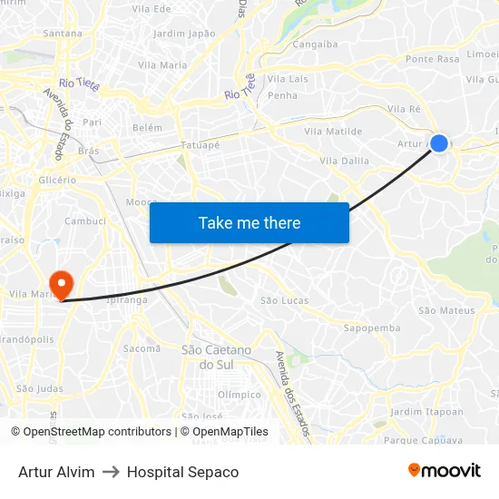 Artur Alvim to Hospital Sepaco map