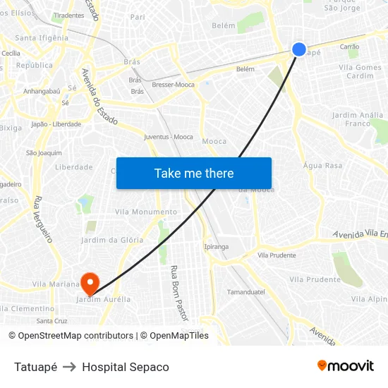 Tatuapé to Hospital Sepaco map