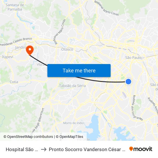 Hospital São Paulo to Pronto Socorro Vanderson César de Almeida map