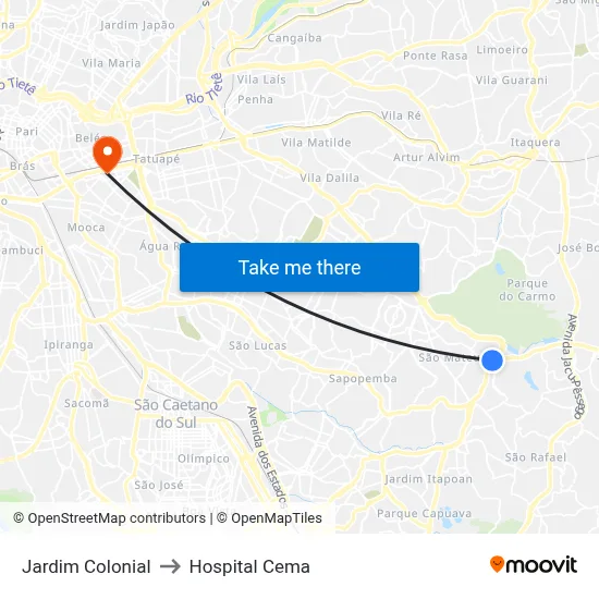 Jardim Colonial to Hospital Cema map