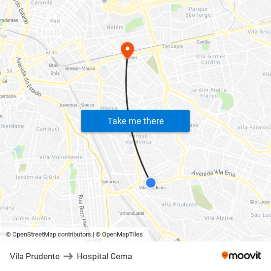 Vila Prudente to Hospital Cema map