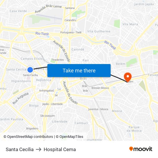 Santa Cecília to Hospital Cema map