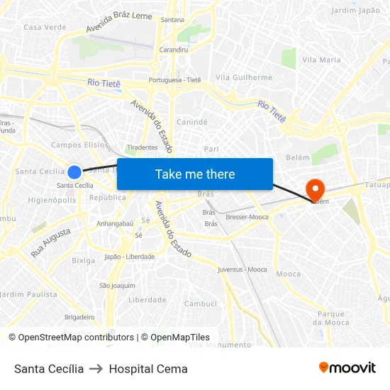 Santa Cecília to Hospital Cema map