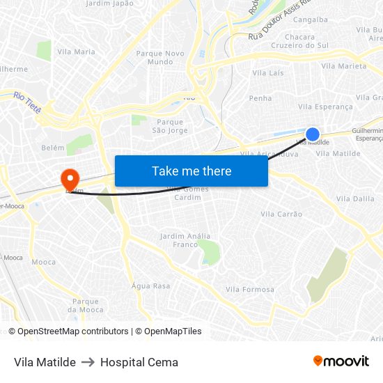 Vila Matilde to Hospital Cema map