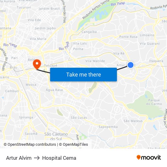 Artur Alvim to Hospital Cema map