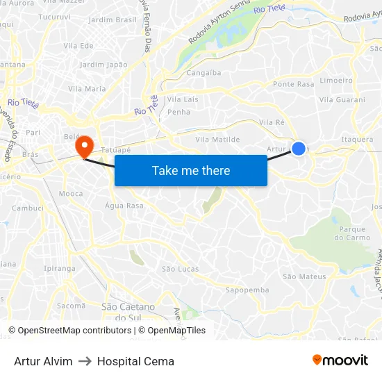 Artur Alvim to Hospital Cema map