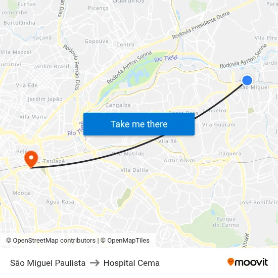 São Miguel Paulista to Hospital Cema map