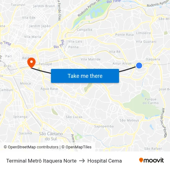 Terminal Metrô Itaquera Norte to Hospital Cema map