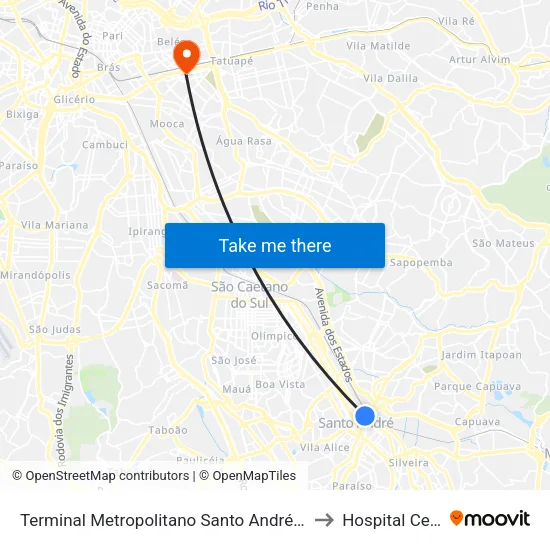 Terminal Metropolitano Santo André Oeste to Hospital Cema map