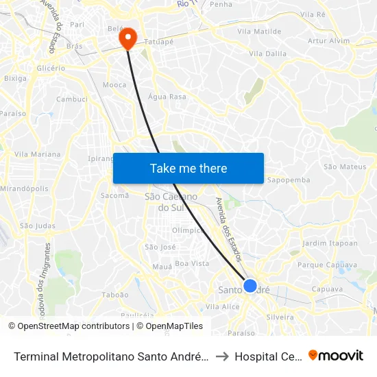 Terminal Metropolitano Santo André Oeste to Hospital Cema map