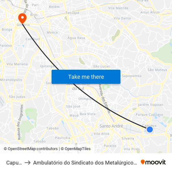 Capuava to Ambulatório do Sindicato dos Metalúrgicos de São Paulo map