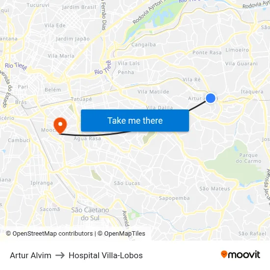Artur Alvim to Hospital Villa-Lobos map