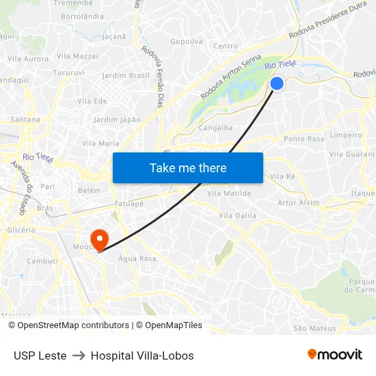USP Leste to Hospital Villa-Lobos map