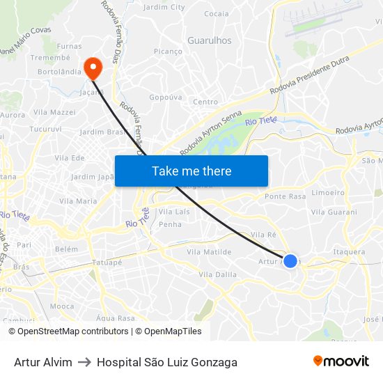 Artur Alvim to Hospital São Luiz Gonzaga map