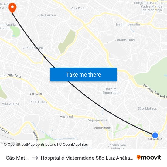 São Mateus to Hospital e Maternidade São Luiz Anália Franco map